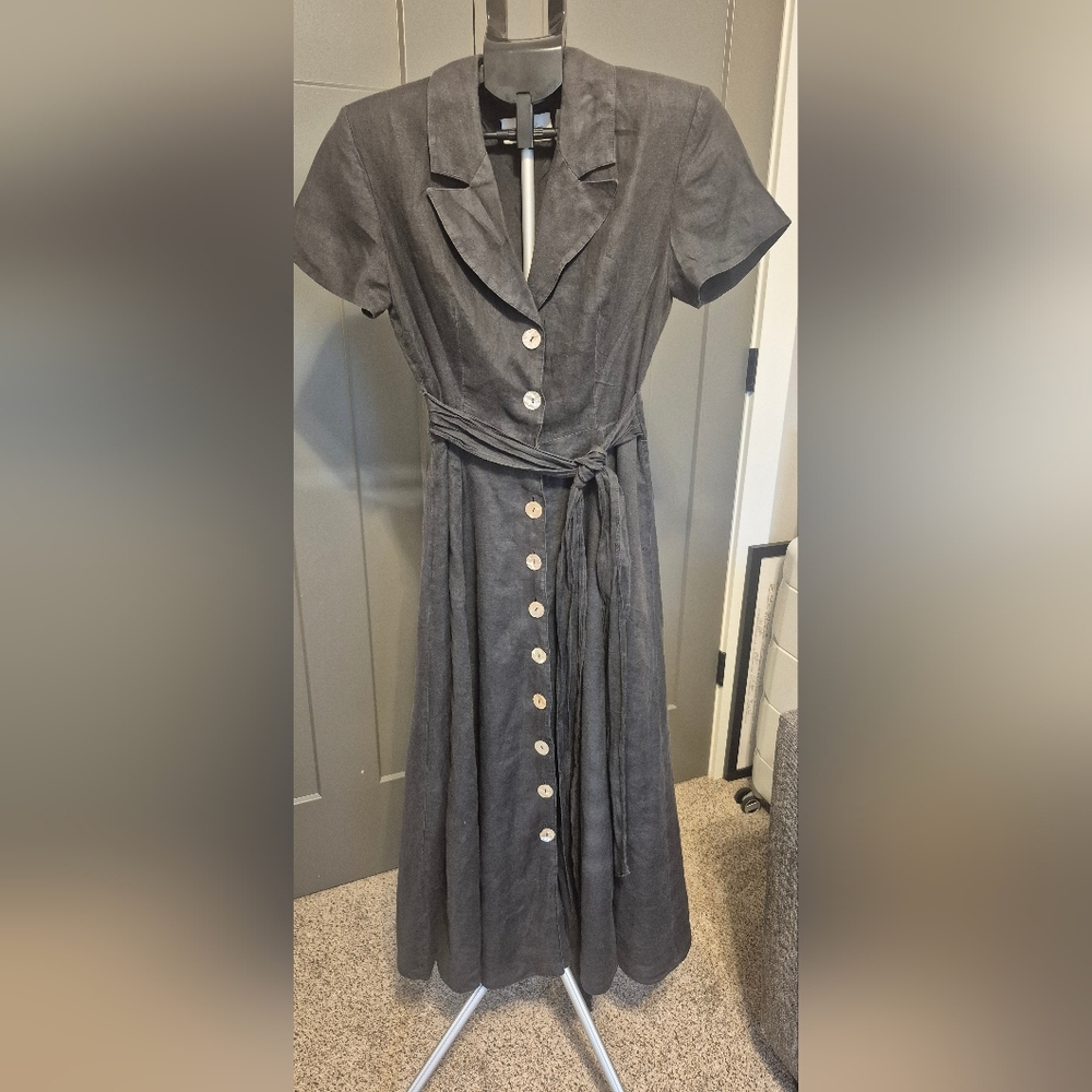 Vintage CACHÉ 80s Black Cotton Button Front Midi Dress - Made in USA - Sz 8 - Picture 2 of 10